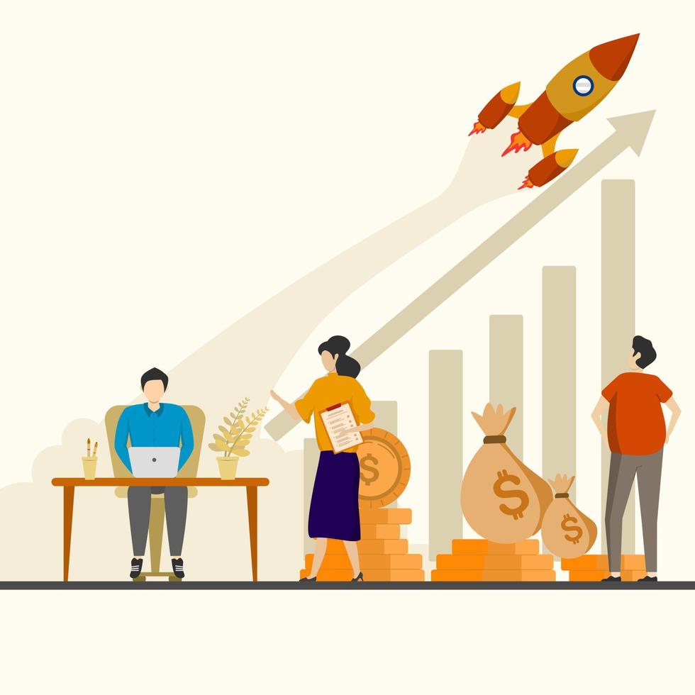 The startup manager analyzes the growth chart in sales. Group of workers with piles of cash, rockets, bar chart with arrows and piles of money. For business success, marketing, profit concept vector