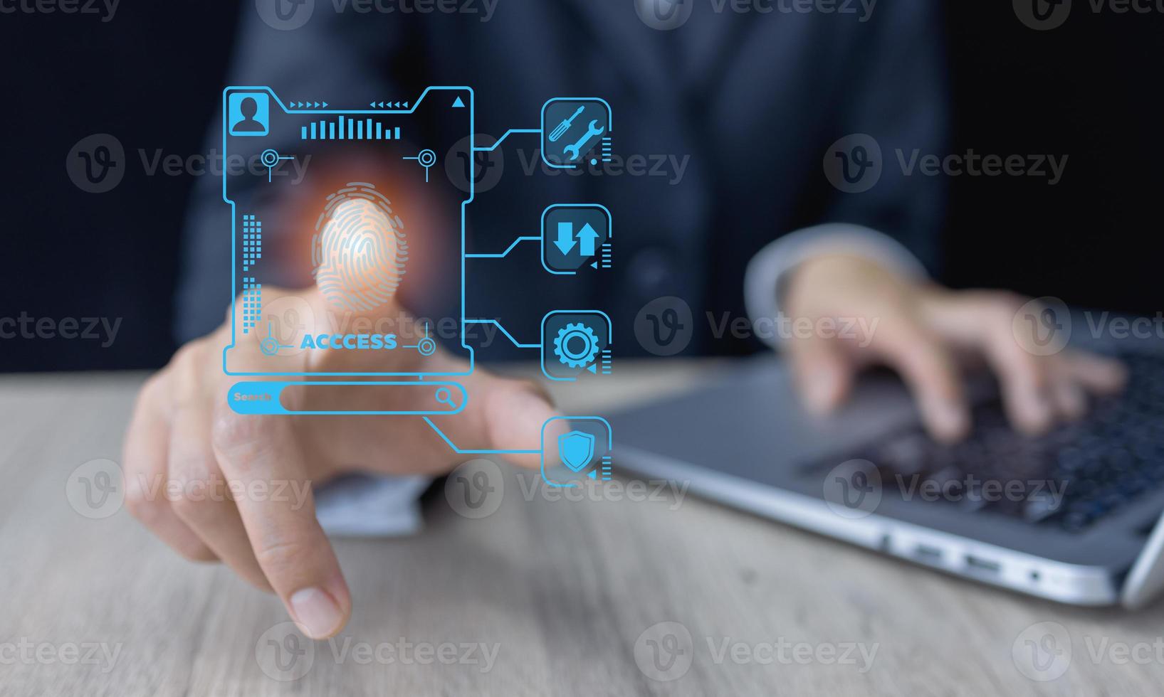 Fingerprint scan provides security access with biometrics identification. Business Technology Safety Internet Concept. processing of biometric for access personal data. photo