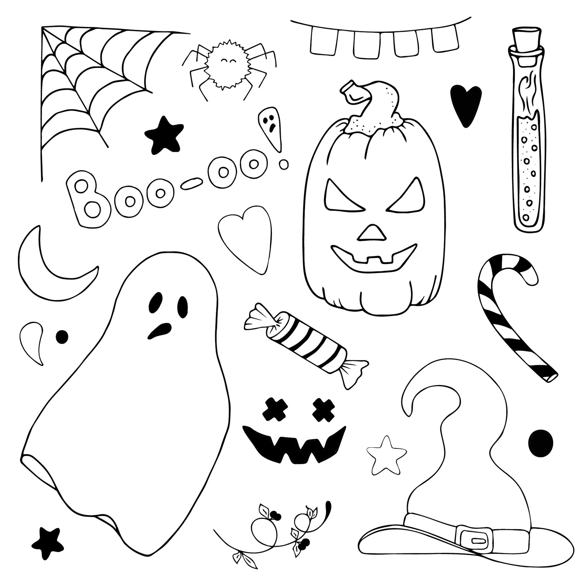 Vector doodle set of Halloween clipart. A funny hand draw, cute