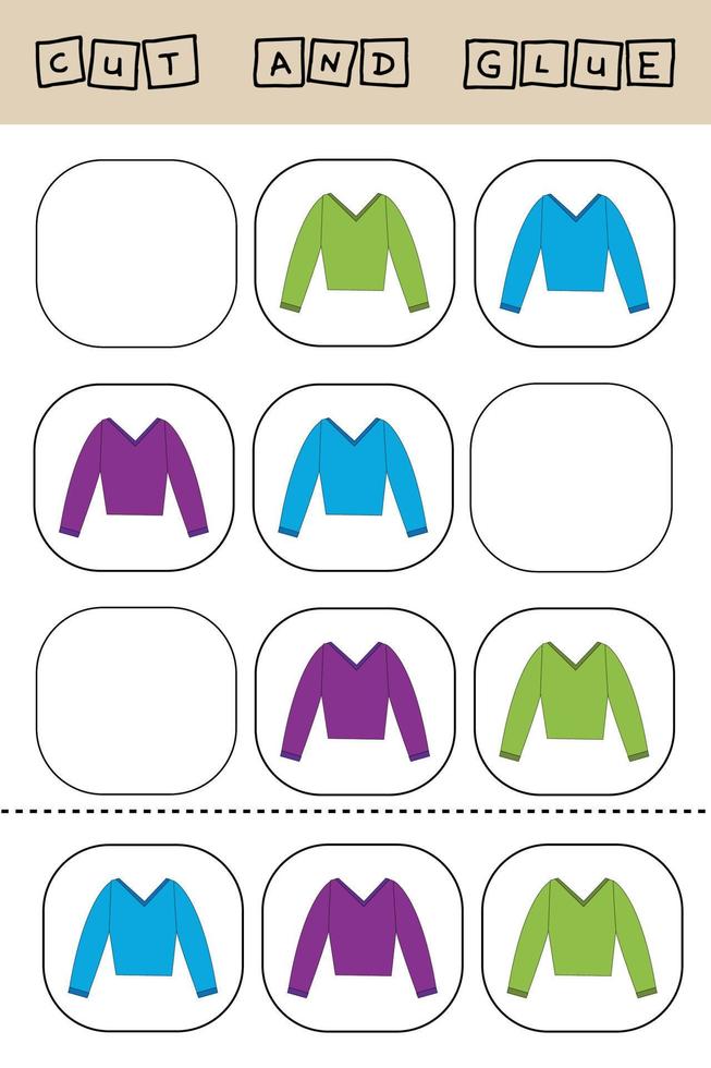 Educational activity, riddle for preschool kids.  Cut ang glue peace of longsleeve vector