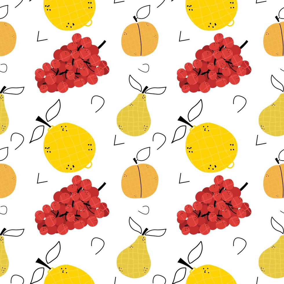 Seamless pattern with different fruits with textures. Grape, lemon, pear. Vector illustration in flat style
