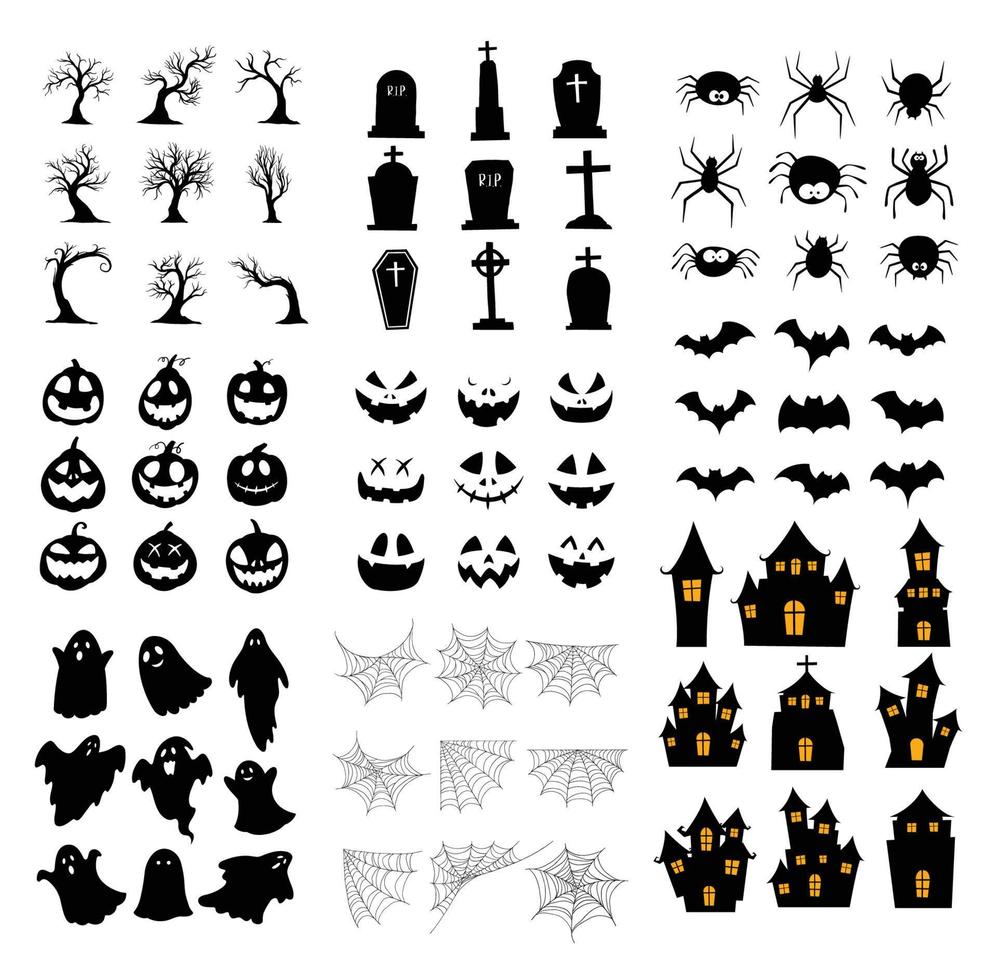 conjunto de silueta de halloween. colección de icono de halloween y elemento aislado sobre fondo blanco. vector