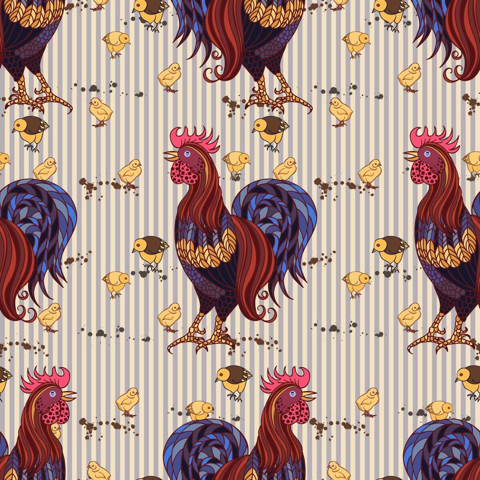 Seamless background with hand drawn rooster, hens and chickens vector