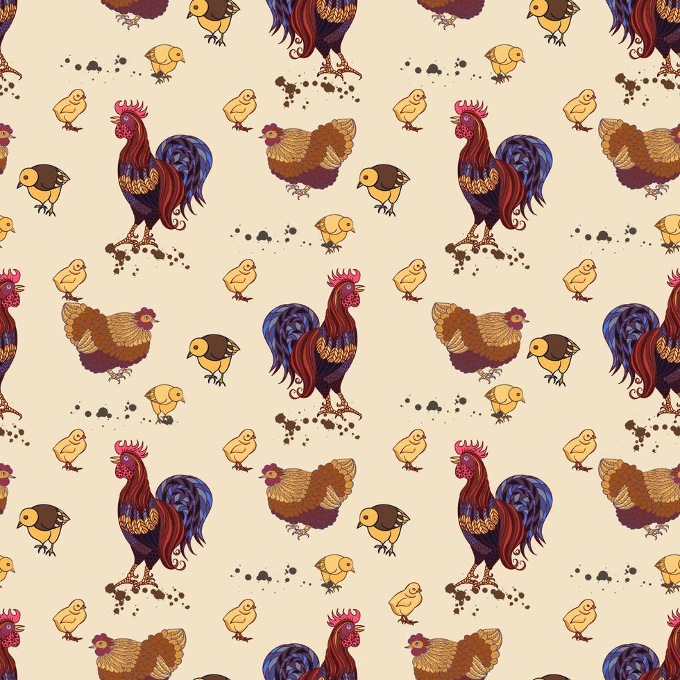 fondo transparente con gallo, gallinas y pollos dibujados a mano vector