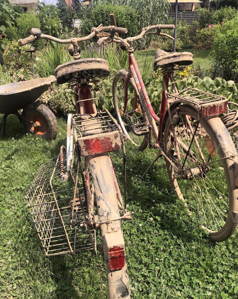 Two muddy bicycles pulled out of a basement after it was flooded with muddy water. photo