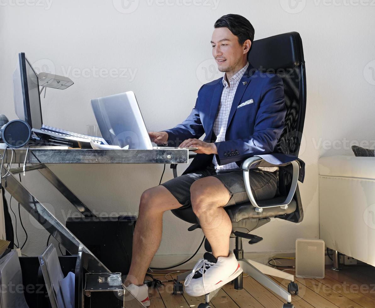 Working from home - man wearing a suit for the video call while also wearing sweatpants photo