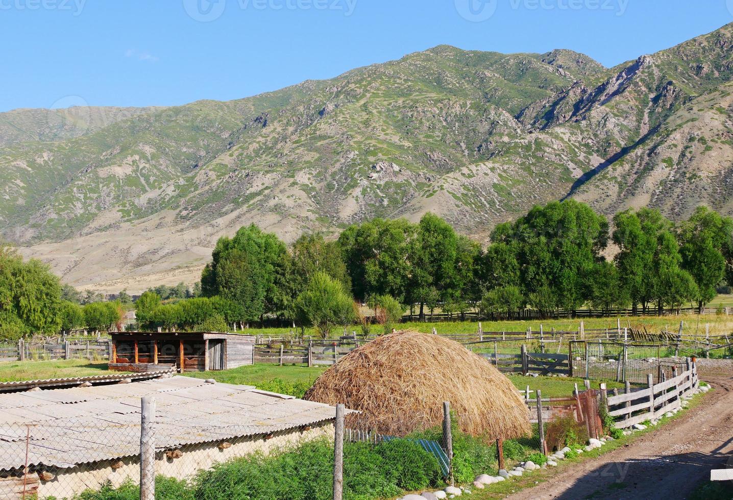 Empty road in Cholpon Ata, Kyrgyzstan, with mountains in the background photo