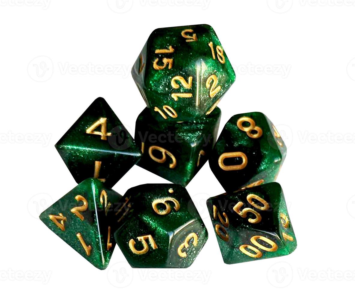 Dice game green polyhedral, MTG, RPG. Isolated. White background. High quality photo