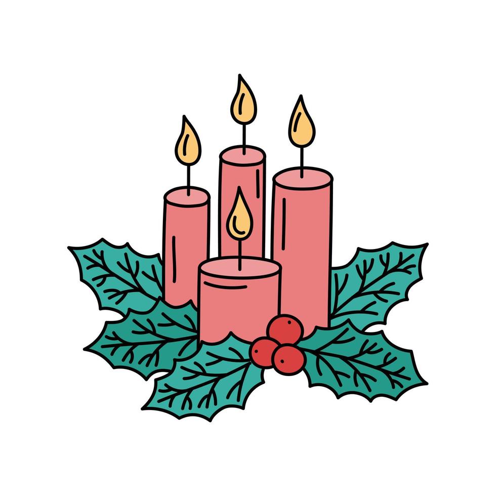 velas de Navidad y garabatos de hojas de acebo aislados. ilustración vectorial de cuatro velas y hojas de encina. linda composición dibujada a mano del símbolo de adviento navideño vector