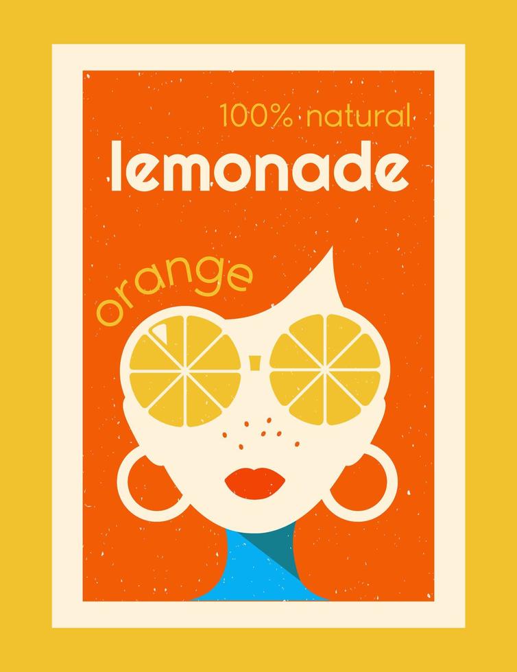 Vector label for lemonade. Retro design of orange lemonade packaging. Girl wearing round glasses in the shape of citrus. Finished illustration for fruit drink