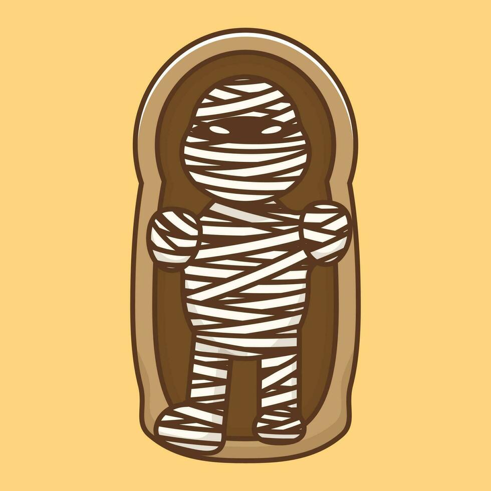 Mummy cartoon icon illustration coming out of coffin. Halloween concept. Simple premium design vector