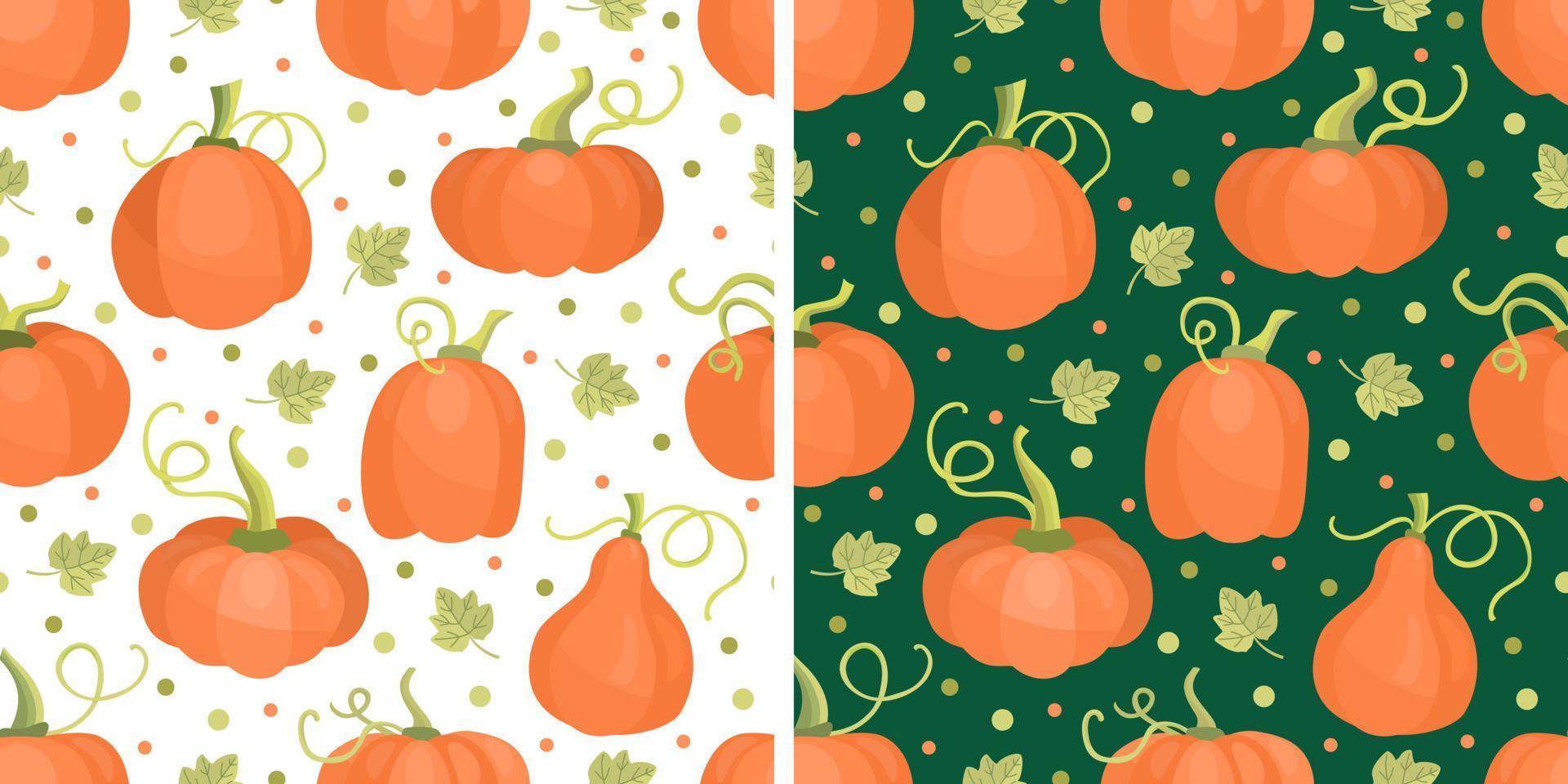 Two autumn seamless patterns with pumpkins on white and green backgrounds. Hand drawn flat illustration. vector