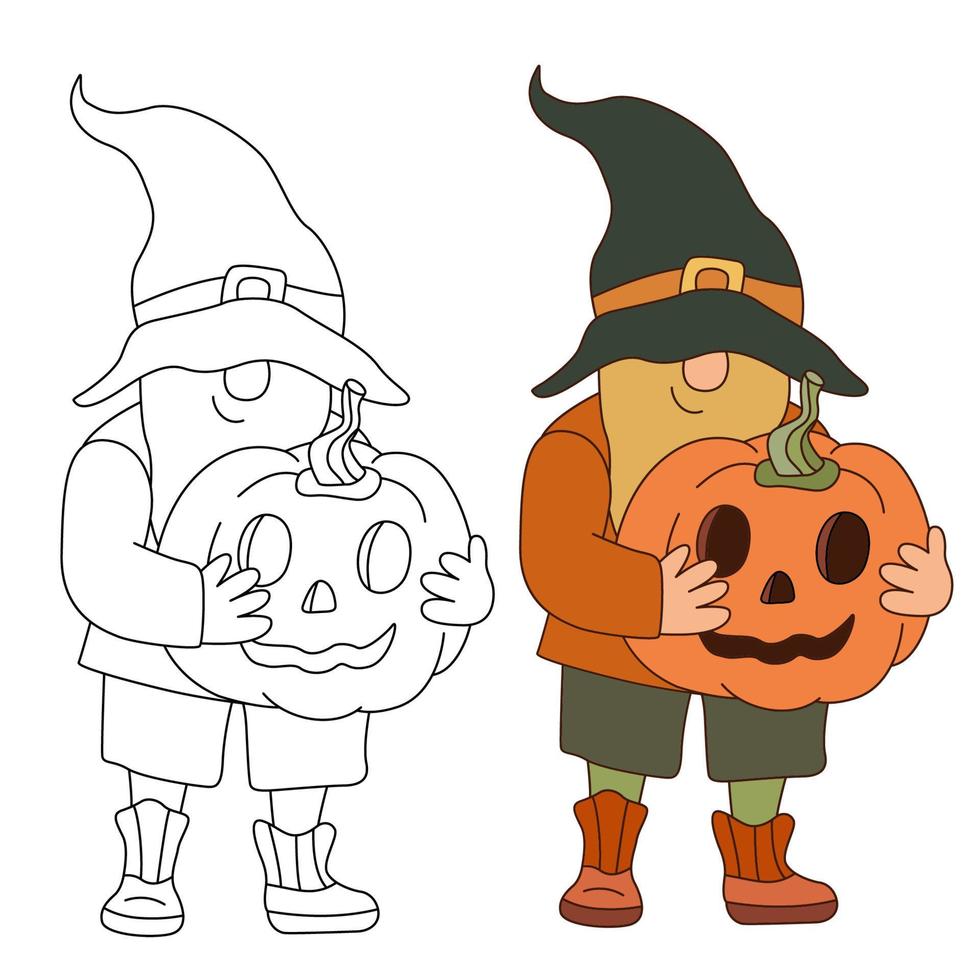 Gnome with Halloween pumpkin. Hand drawn doodle vector illustration. Black outline. Great for coloring books.