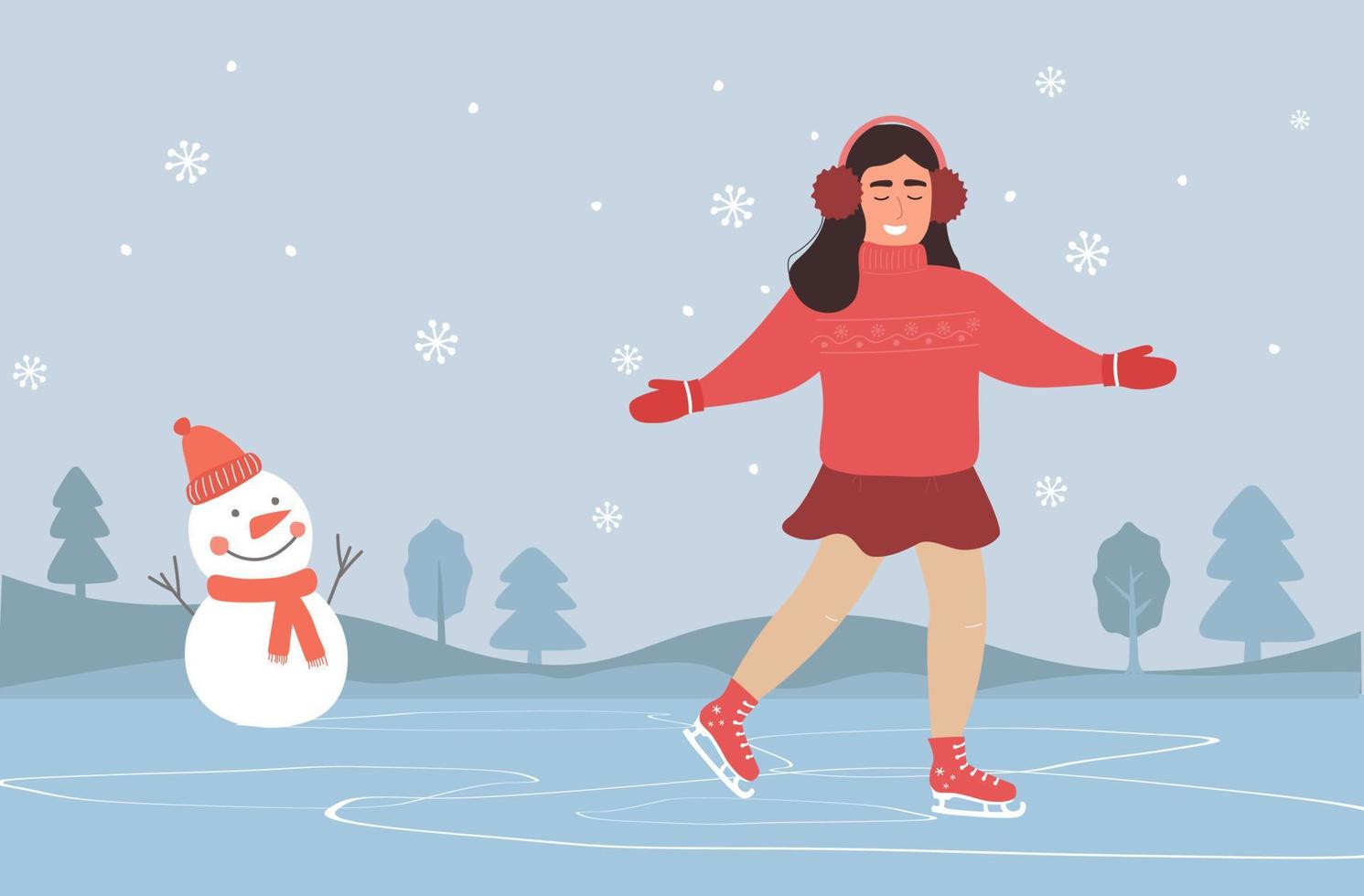 una niña patina sobre hielo en invierno con un cálido suéter y mitones. gráficos vectoriales vector