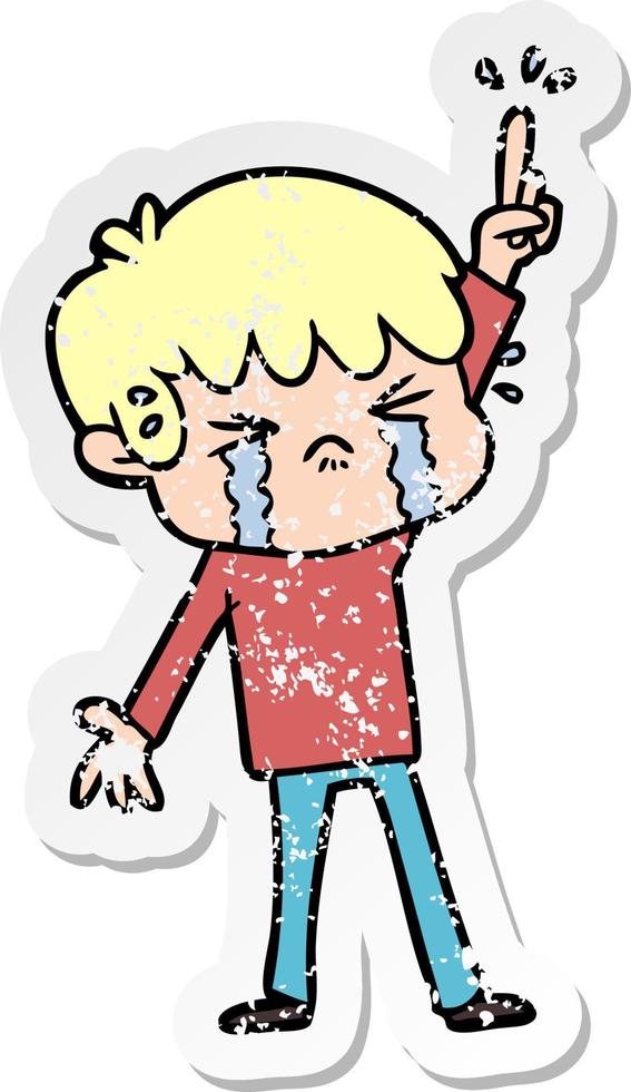 distressed sticker of a cartoon boy crying vector