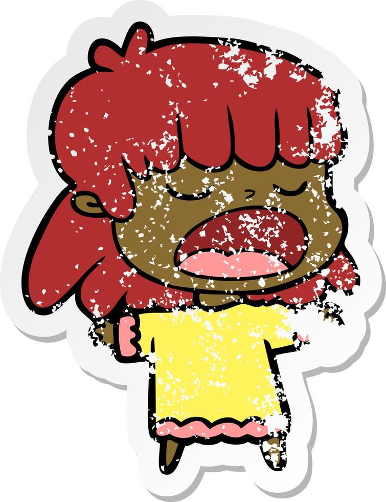 distressed sticker of a cartoon woman talking loudly vector