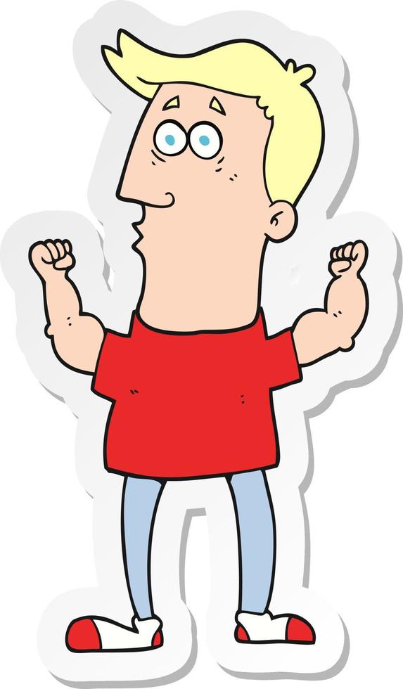 sticker of a cartoon surprised man flexing biceps vector