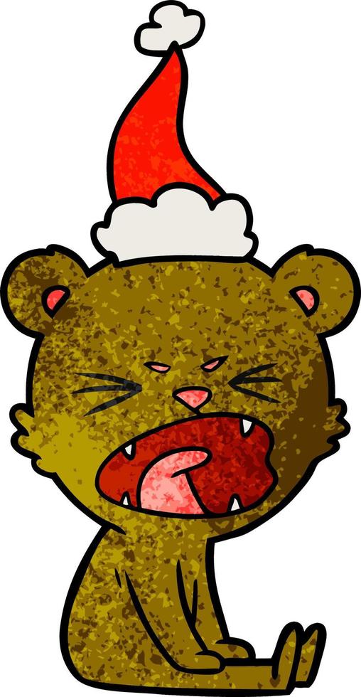 angry textured cartoon of a bear wearing santa hat vector