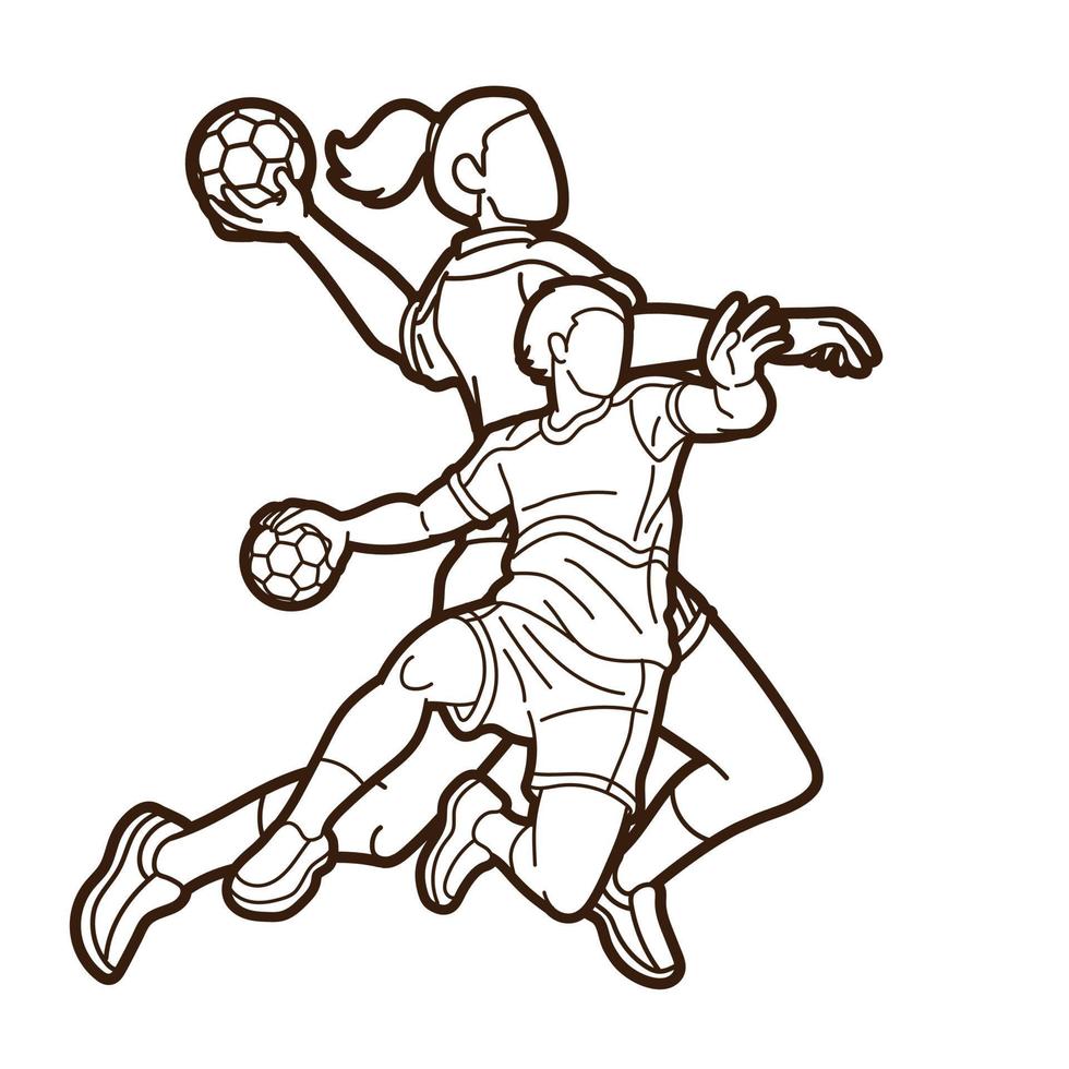 Outline Group of Handball Players Male and Female Action Together vector