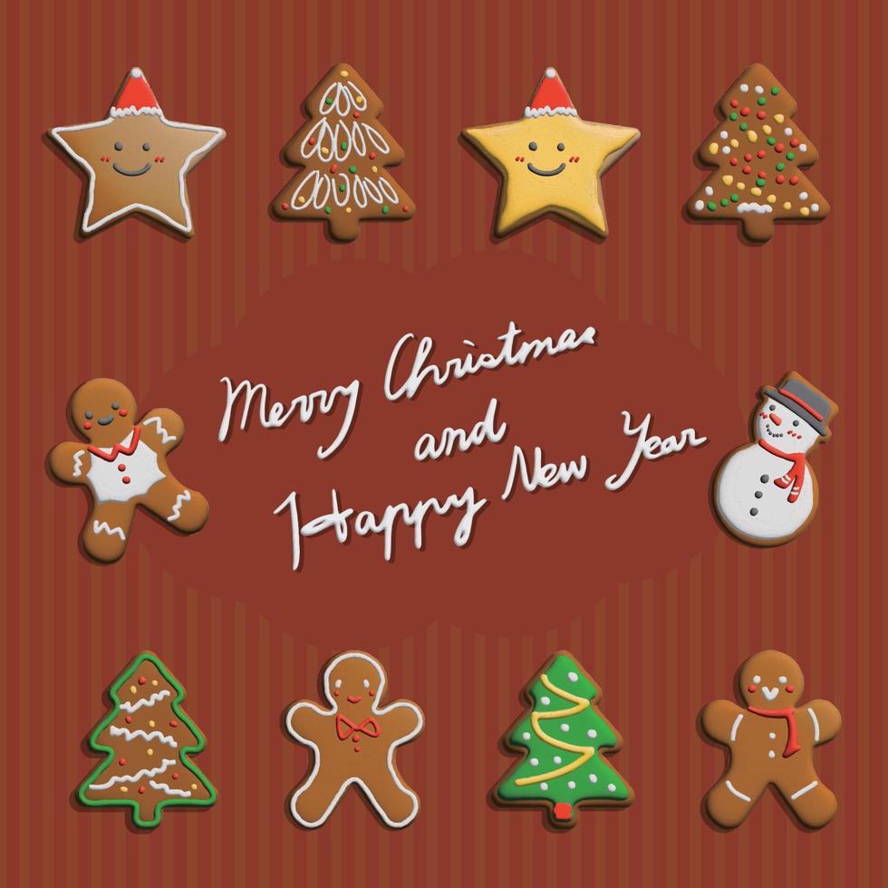 Christmas gingerbread composition with christmas tree, gingerbread man, stars and snowman for congratulations on merry christmas and happy new year vector
