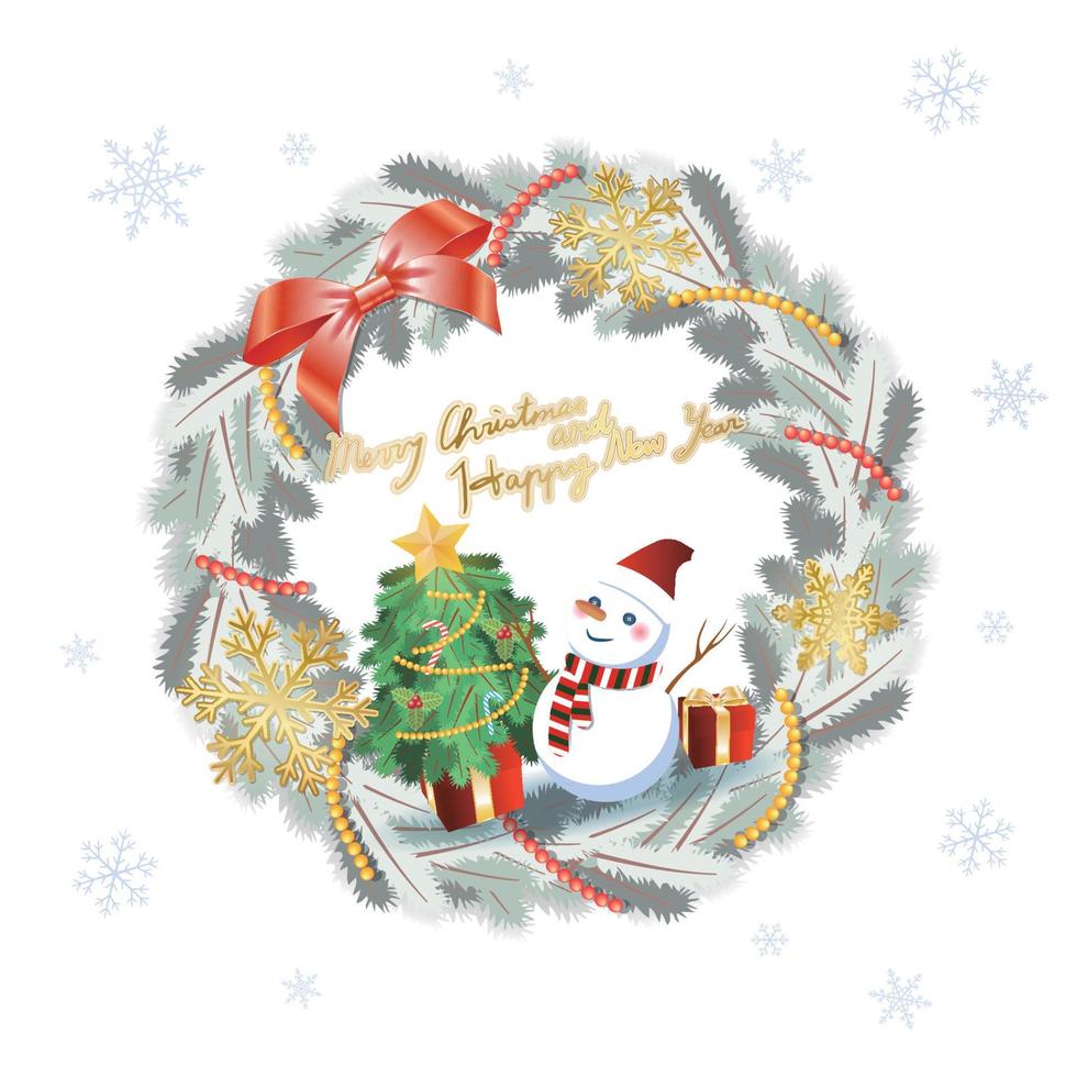 Christmas wreath with snowman, Christmas tree, bows and decorations on white snowflake background vector