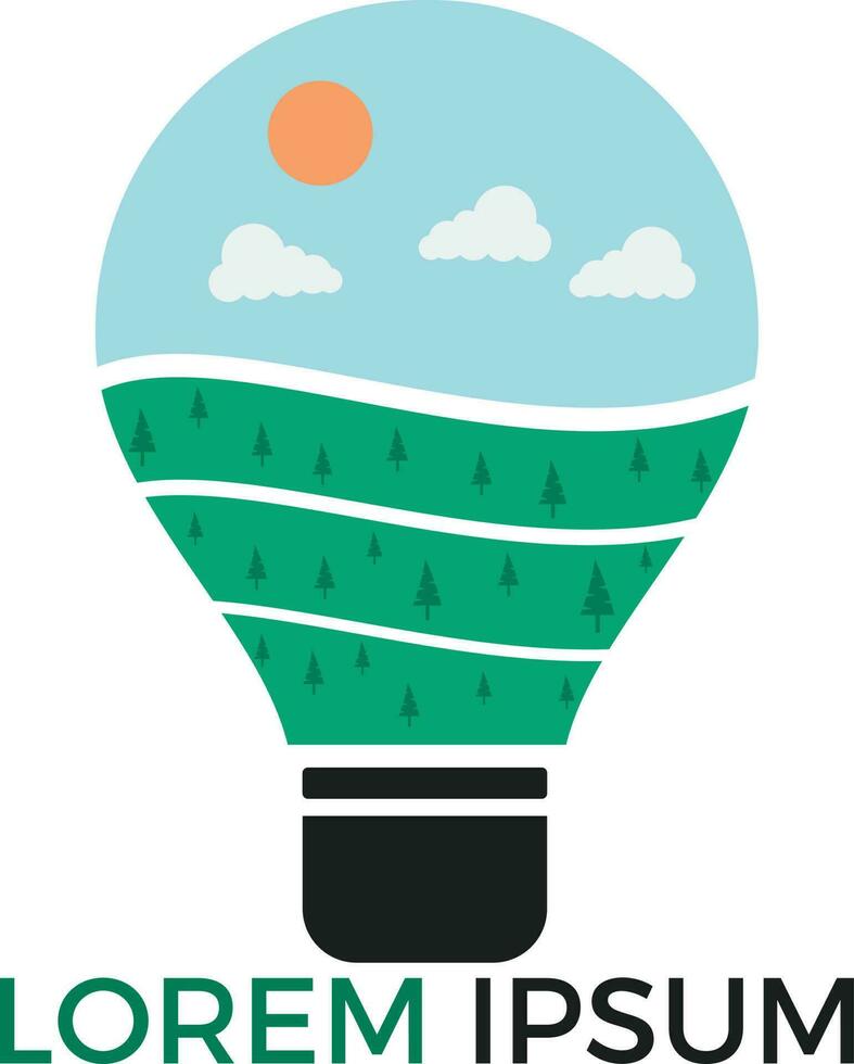 Abstract bulb lamp with sunrise and landscape logo. Natural Landscape innovations symbol. vector