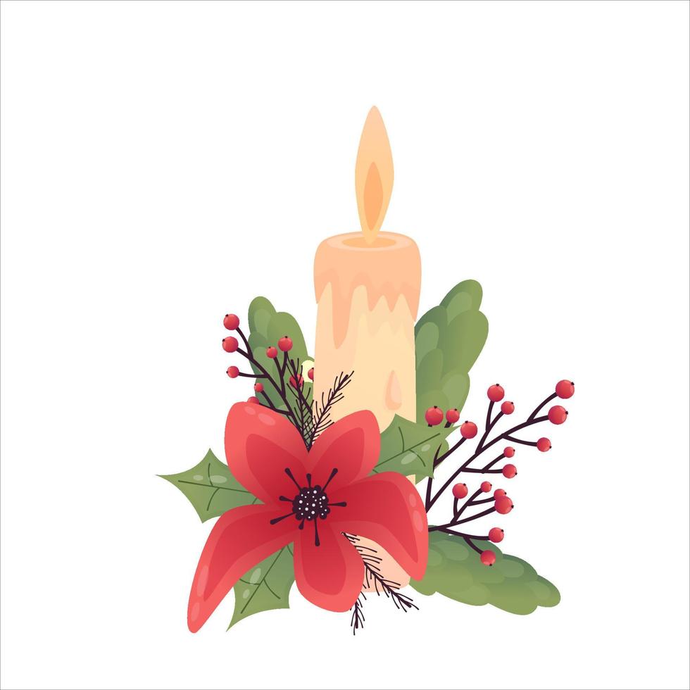 Hygge cozy christmas red flower and candle isolated. Cartoon flat vector illustration. Isolated vector illustration. Holiday xmas decor. Christmas cozy elements