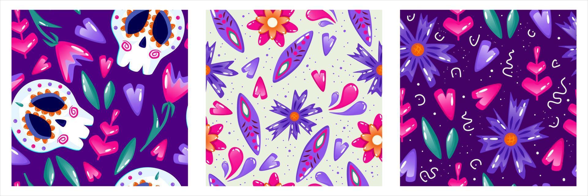 Muertos pattern with skull set. Mexico day dead holiday. Floral skull face. Floral seamless background. Halloween and traditional festival seamless pattern vector