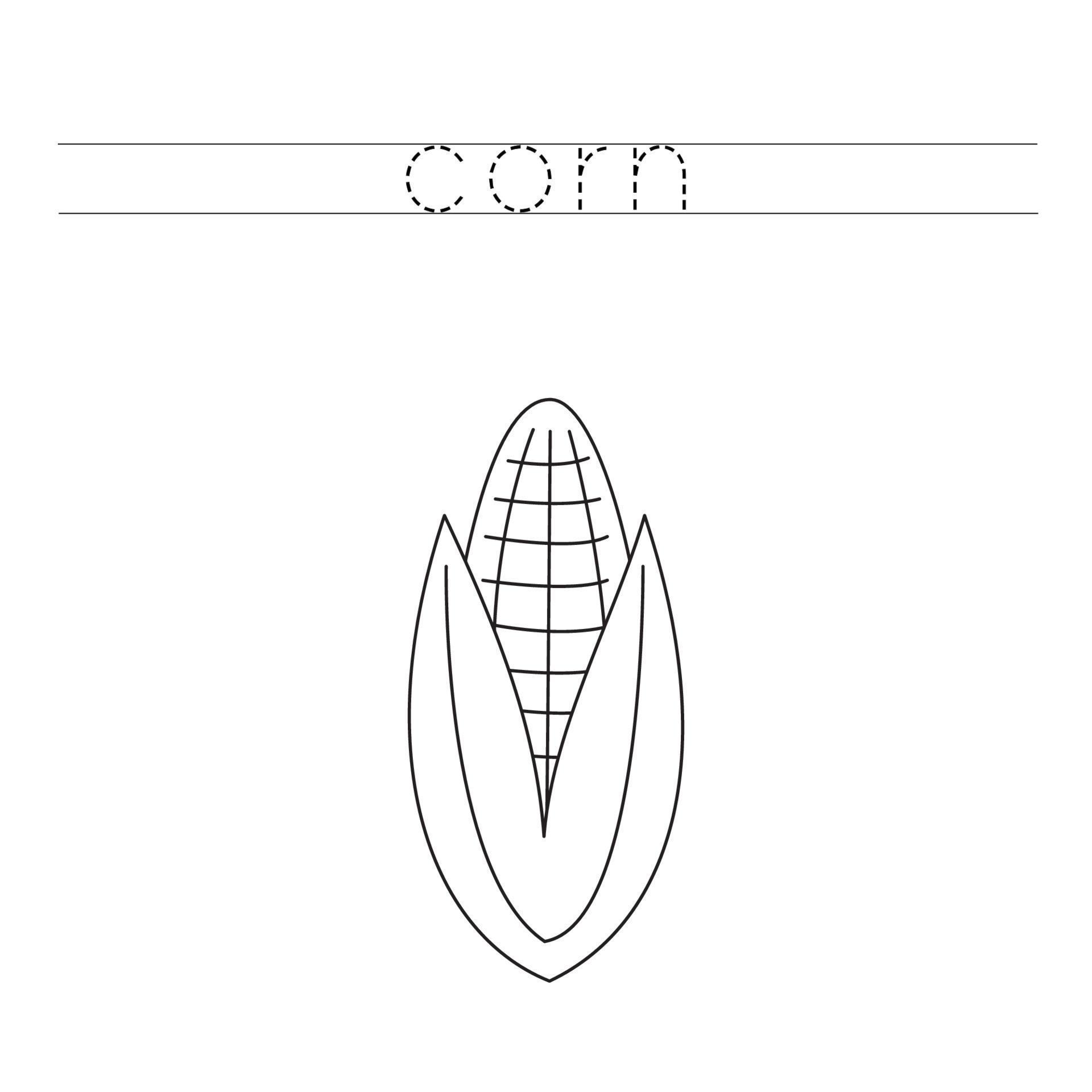 Trace the letters and color corn. Handwriting practice for kids