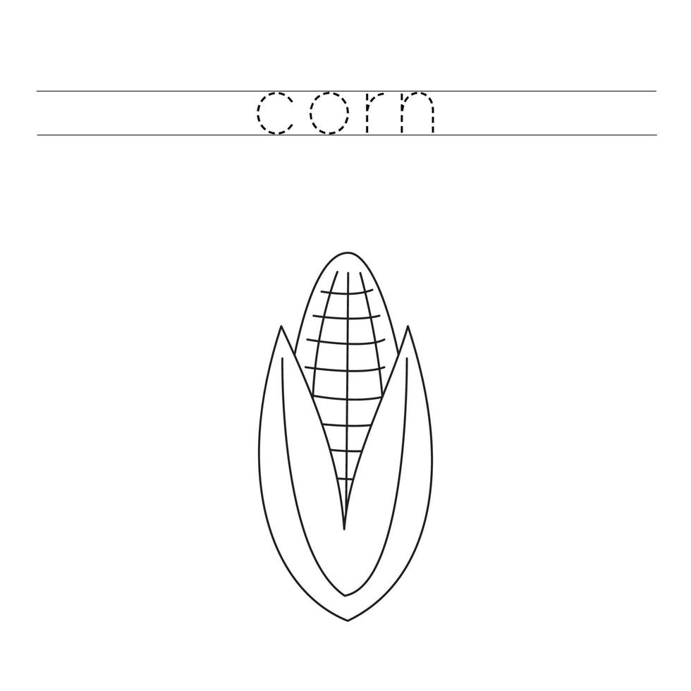 Trace the letters and color corn. Handwriting practice for kids. vector