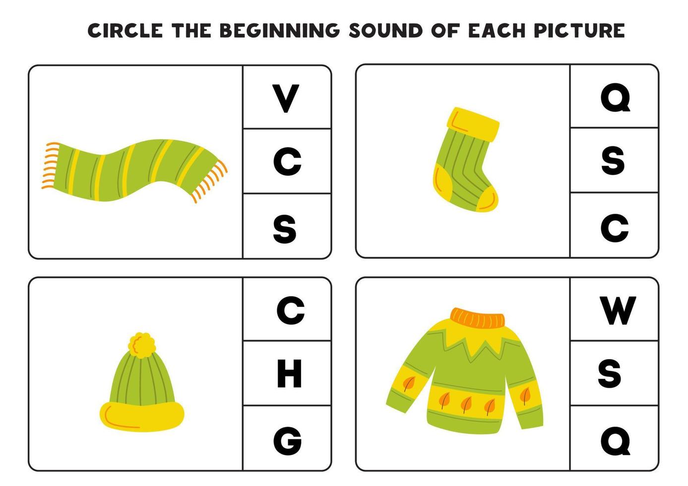 Worksheet for kids. Find the beginning sound of autumn elements. vector