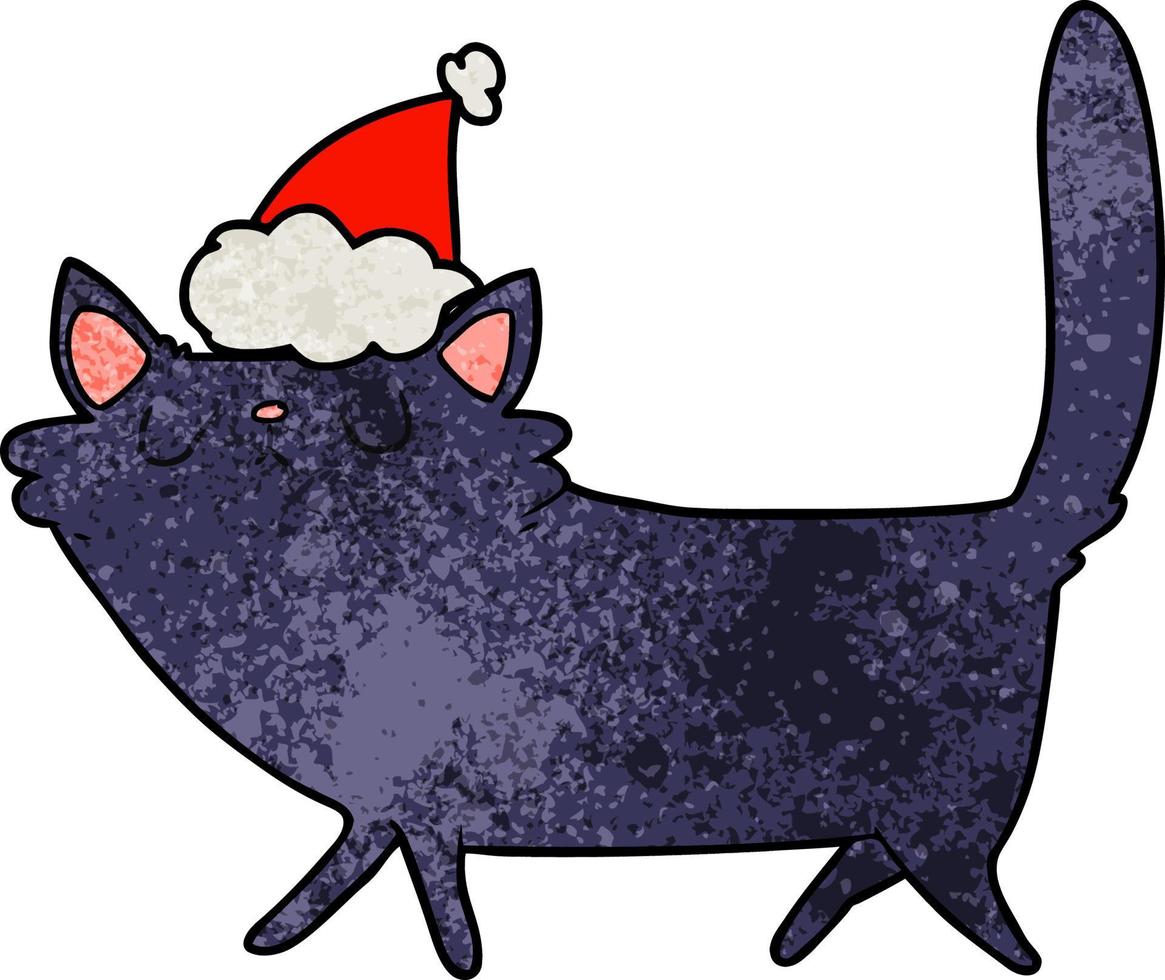 textured cartoon of a black cat wearing santa hat vector