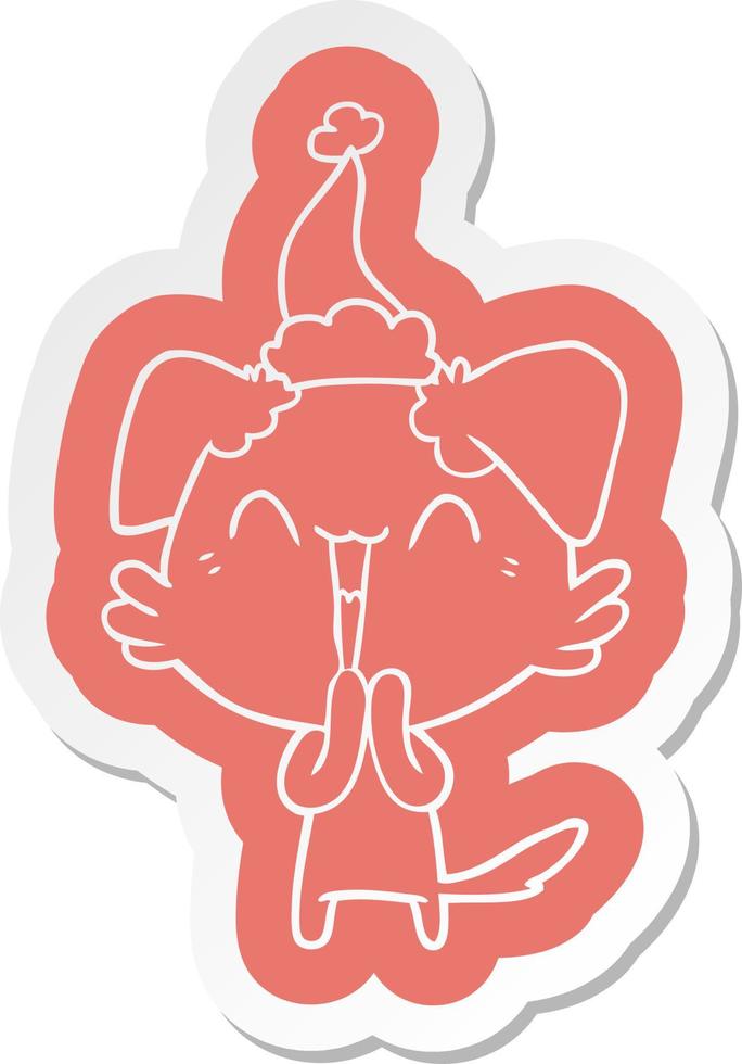 laughing little dog cartoon  sticker of a wearing santa hat vector
