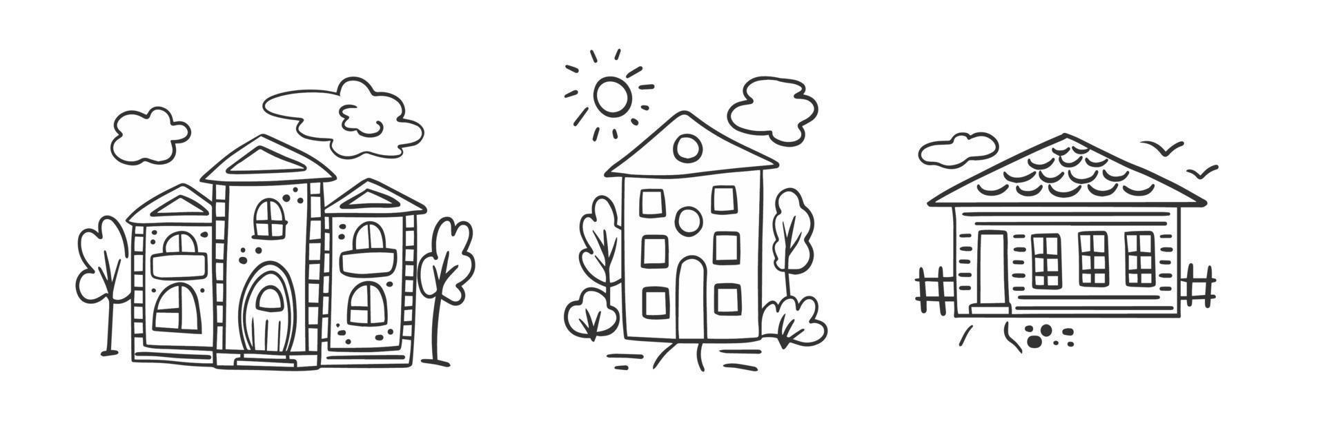 Doodle houses vector set