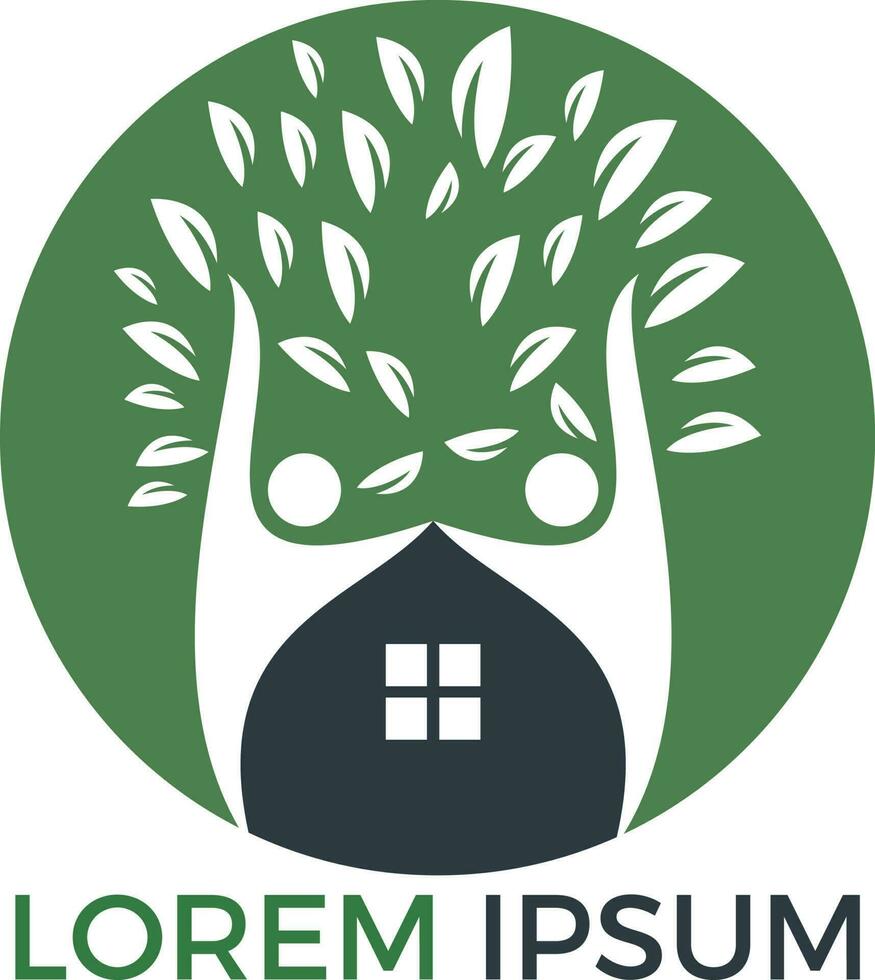 diseño del logo de la casa y la gente. casa del árbol y plantilla de logotipo vectorial de gente alegre. vector