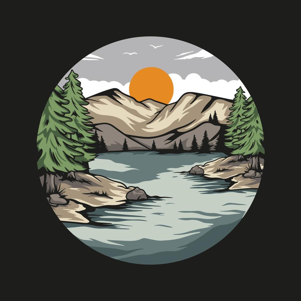 Mountain and river illustration, vintage style, for printing and other uses. vector