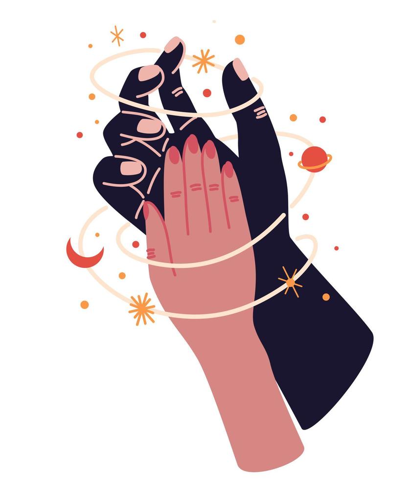 Magic woman hands with moon phases. Alchemy esoteric mystical magic celestial talisman with woman hand. Spiritual occultism object. Hand drawn vector illustrations isolated