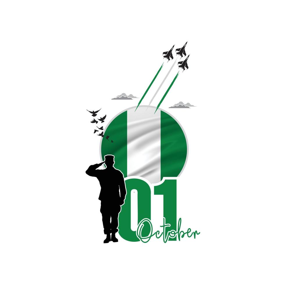 Celebrating Independence day of Nigeria, October 01, Saluting soldiers and army are in action, Ari forces showing air show in the sky, A national holiday observed by The Republic of Nigeria on 1960 vector