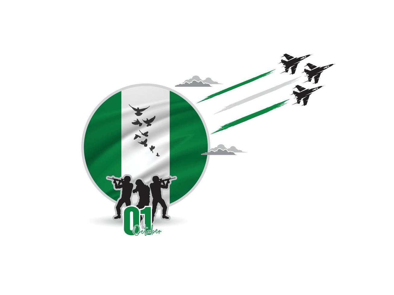 Celebrating Independence day of Nigeria, October 01, Saluting soldiers and army are in action, Ari forces showing air show in the sky, A national holiday observed by The Republic of Nigeria on 1960 vector
