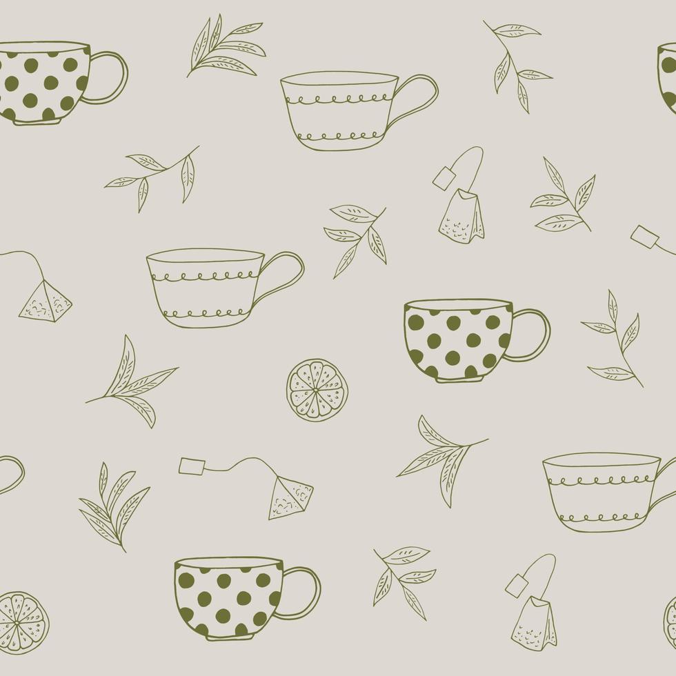 cups, tea leaves, tea bags, lemon slices seamless pattern hand drawn in doodle style. , minimalism, monochrome, scandinavian. wallpaper, wrapping paper, textiles background vector