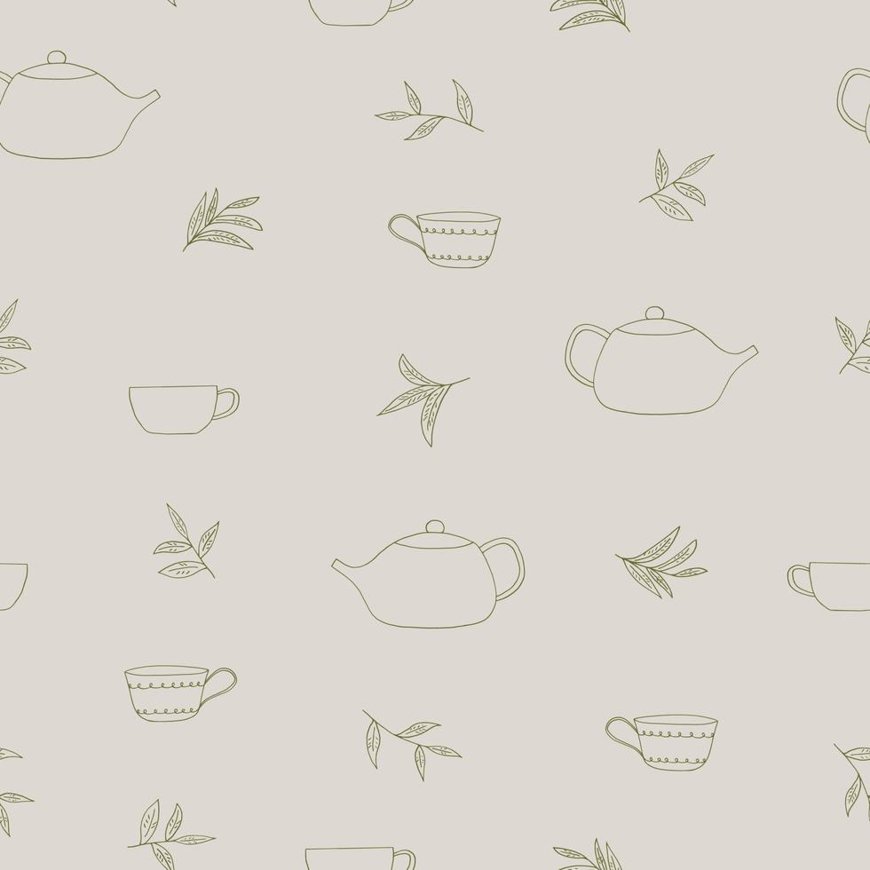 cup, teapot, tea leaves seamless pattern hand drawn in doodle style. hot drink, tea ceremony. textile, wrapping paper, background, wallpaper vector