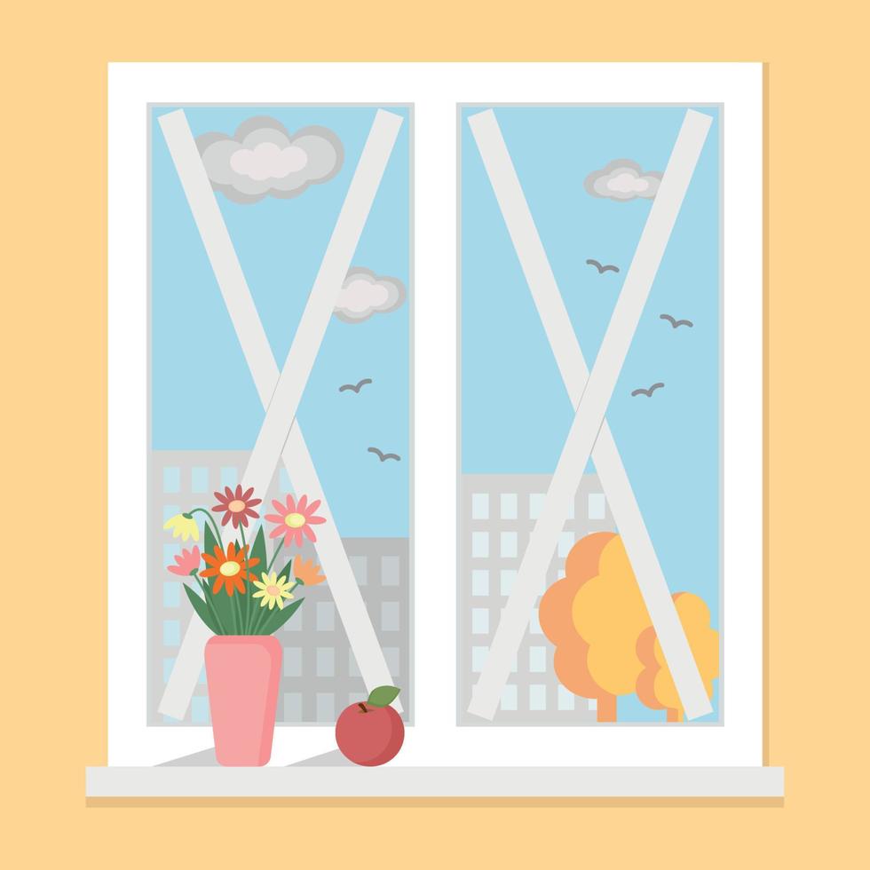 una ventana sellada con cinta adhesiva de una onda expansiva, un vector plano, una ventana blanca sobre un fondo amarillo, un paisaje urbano otoñal fuera de la ventana, un jarrón de flores y una manzana en la ventana