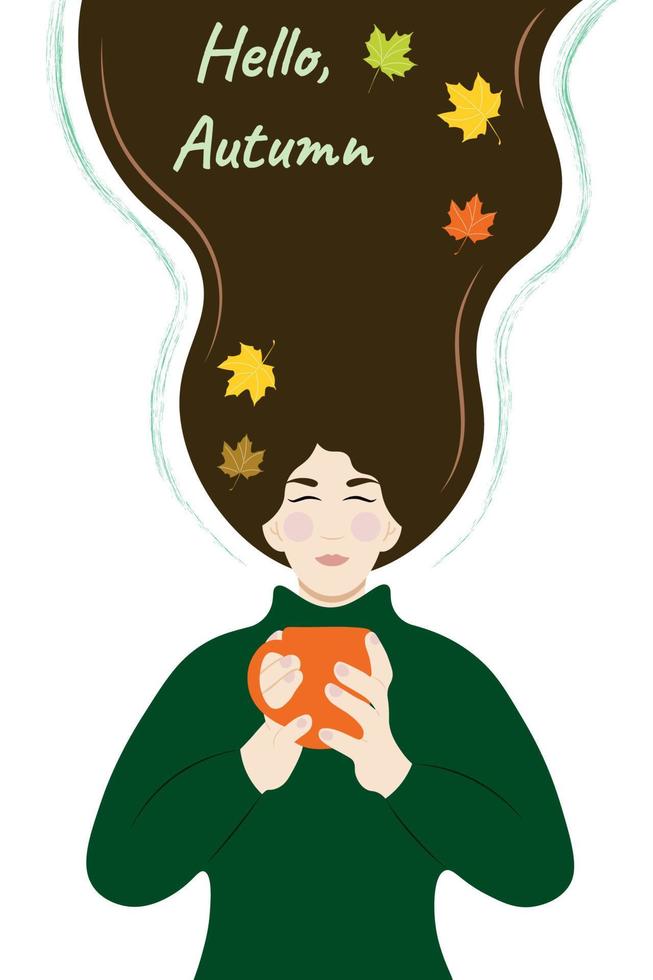 A girl with long dark hair with a cup in her hands, the inscription Hello autumn, flat vector, isolate on white, autumn leaves, autumn colors vector