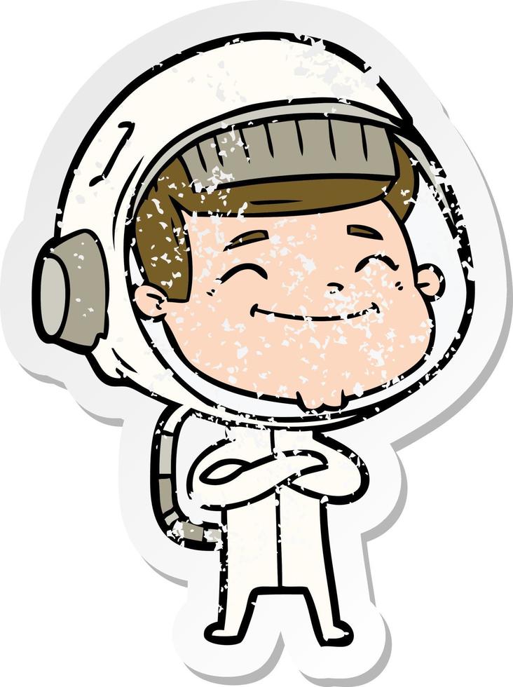 distressed sticker of a happy cartoon astronaut vector
