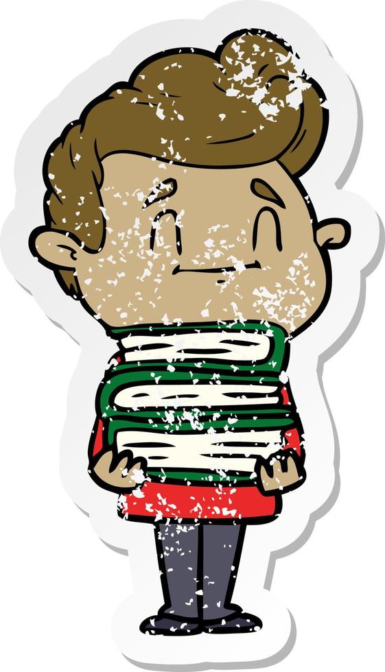 distressed sticker of a happy cartoon man with stack of new books vector