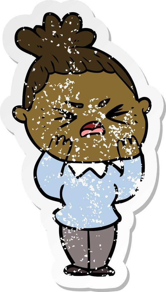 distressed sticker of a cartoon angry woman vector