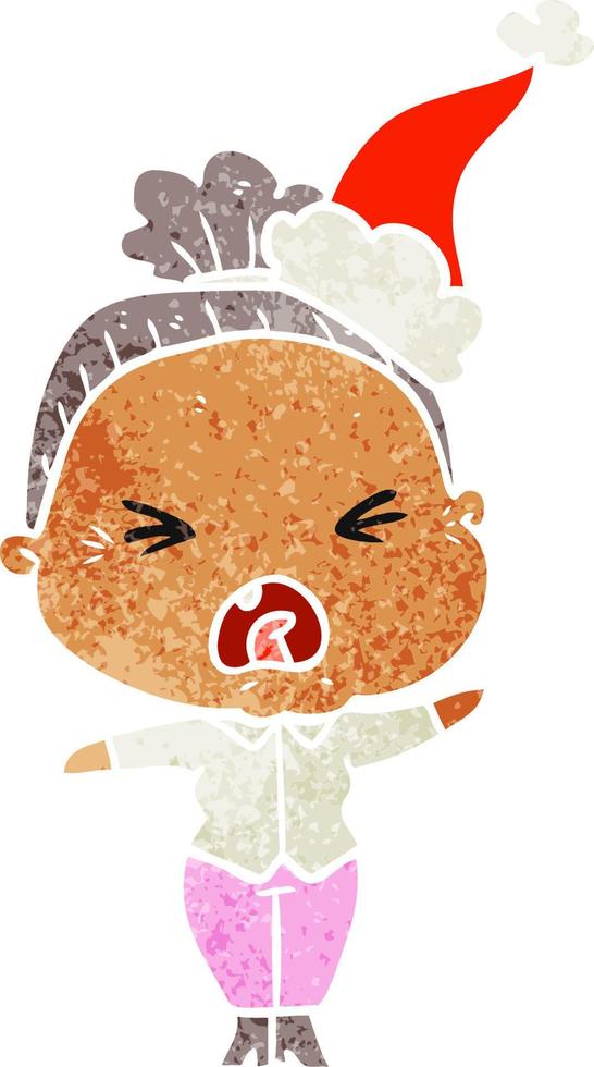 retro cartoon of a angry old woman wearing santa hat vector