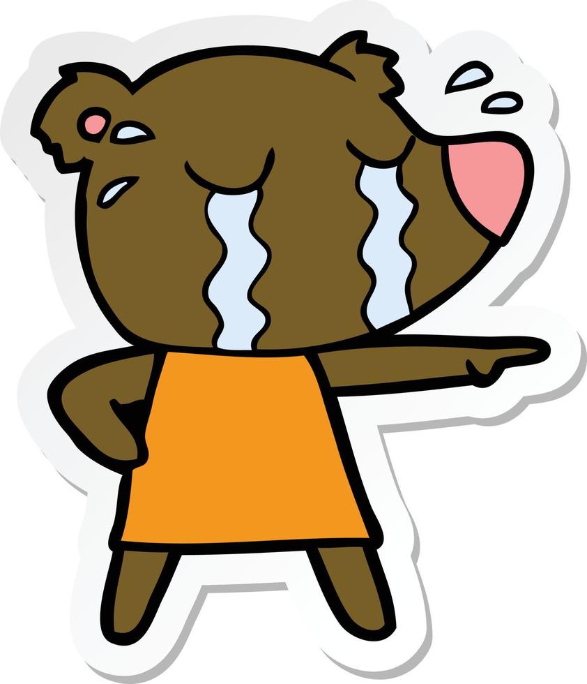sticker of a cartoon crying bear in dress pointing vector