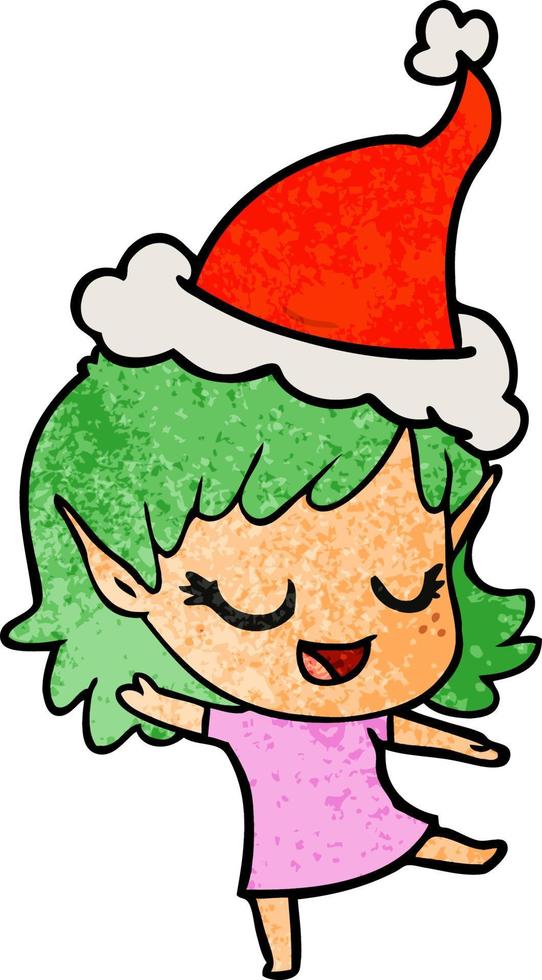happy textured cartoon of a elf girl wearing santa hat vector