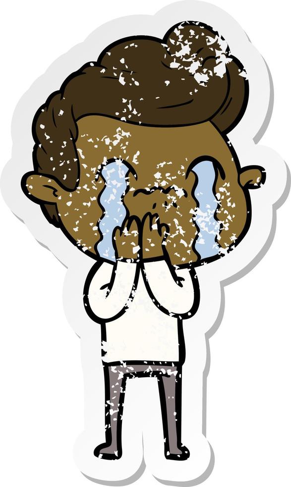 distressed sticker of a cartoon man crying vector